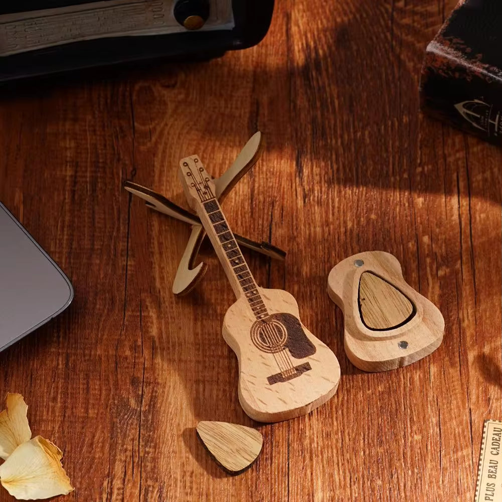 Guitar Pick Holder Wooden Acoustic Guitar Pick Box with Stand Smooth Edge Portable Storage Container for Guitar Plectrum Case