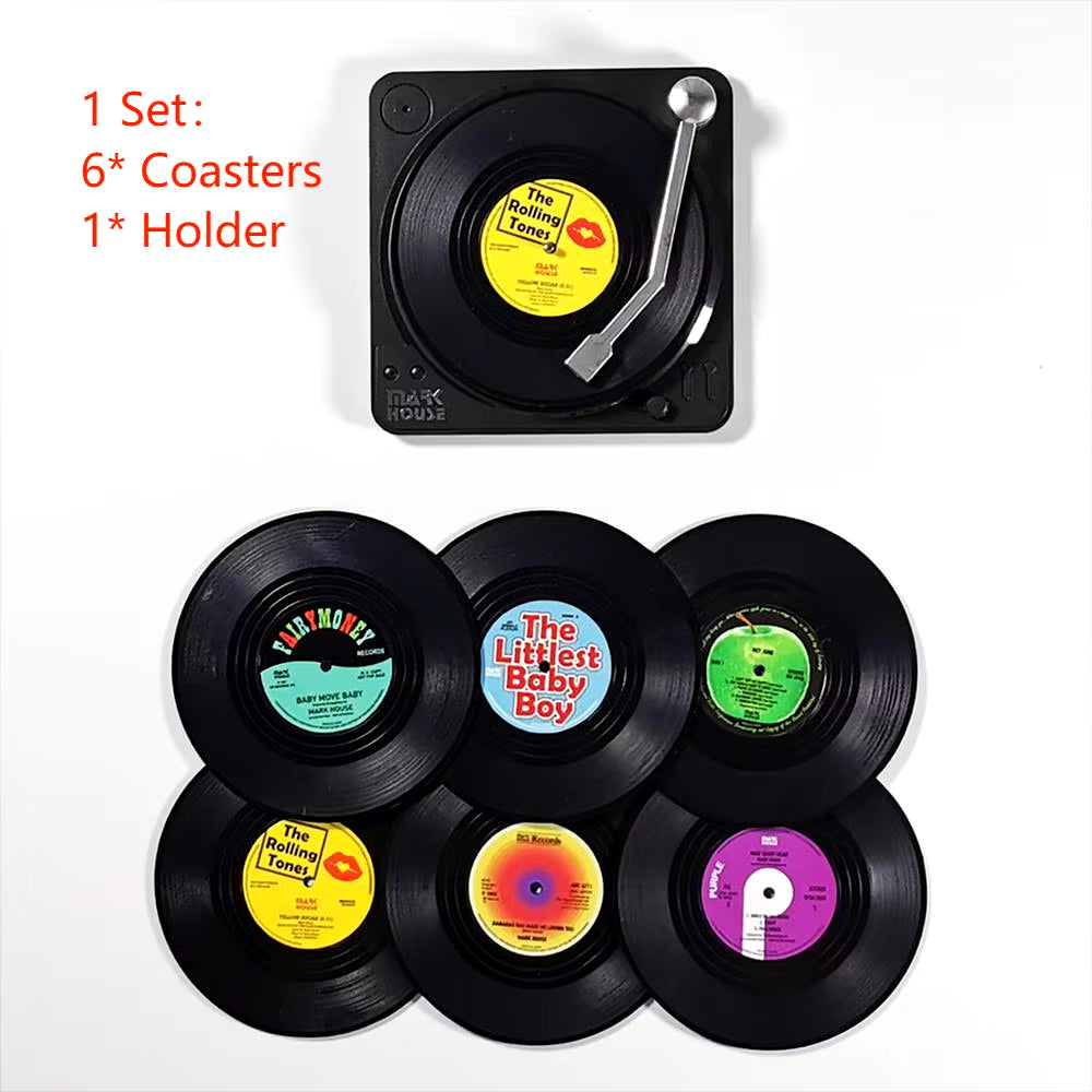 Set of 6 Vinyl Coasters for Drinks Music Coasters with Vinyl Record Player Holder Retro Record Disk Coaster Mug Pad Mat Creative