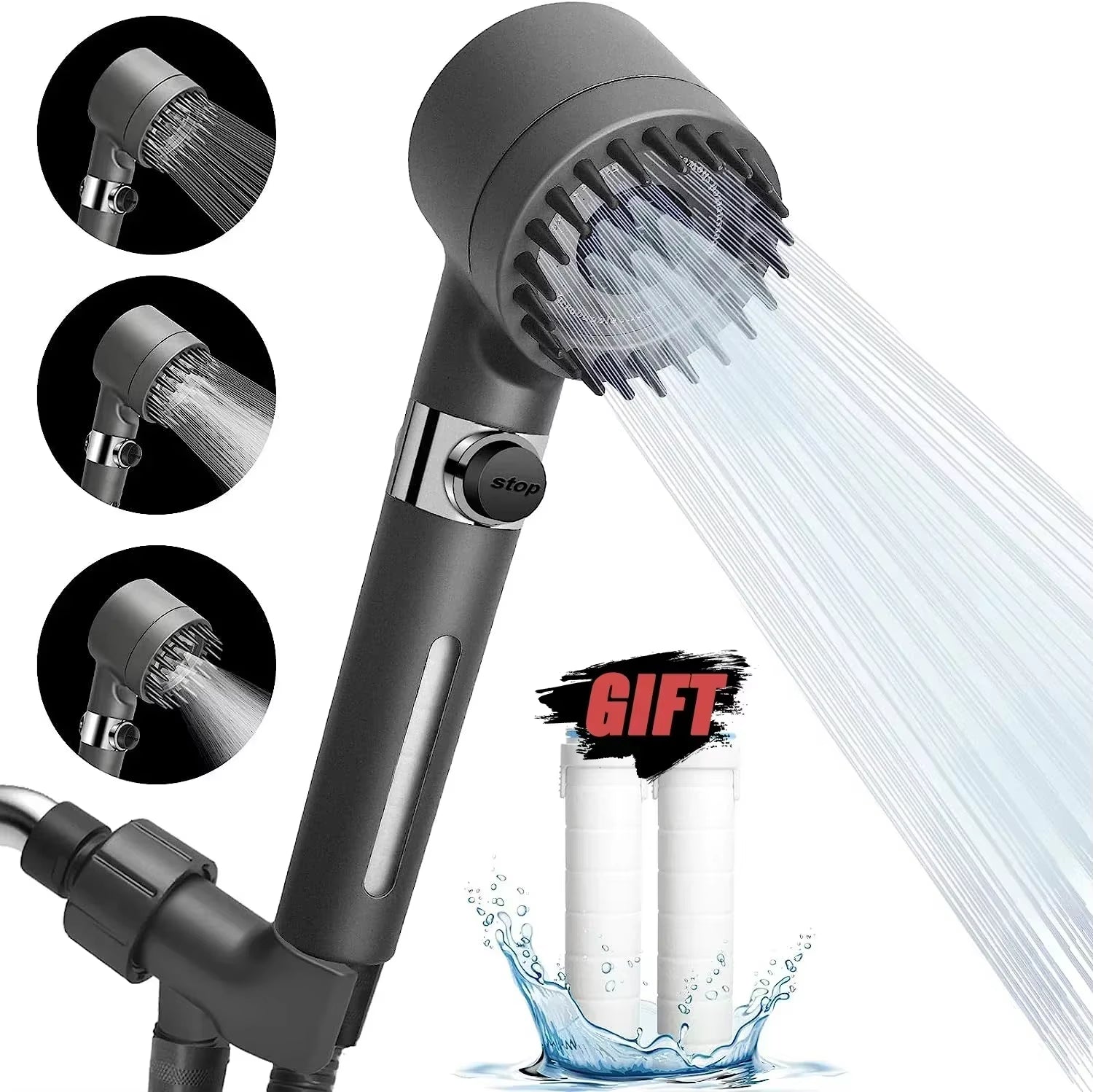 High-Pressure Shower Head 3-Mode Adjustable Spray with Massage Brush Filter Rain Faucet Bathroom Accessories