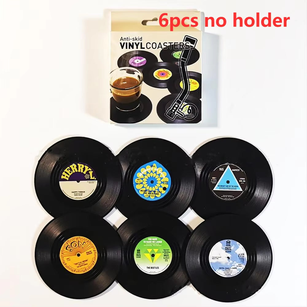 Set of 6 Vinyl Coasters for Drinks Music Coasters with Vinyl Record Player Holder Retro Record Disk Coaster Mug Pad Mat Creative