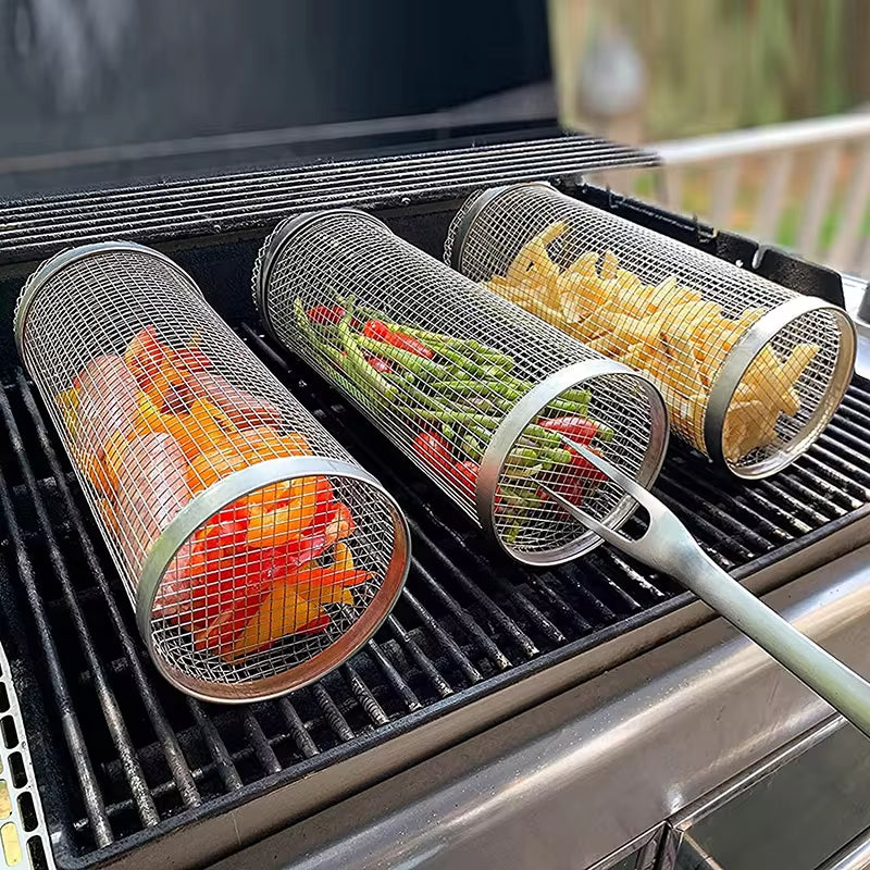 BBQ Basket Stainless Steel Rolling Grilling Basket Wire Mesh Cylinder Grill Basket Portable round Outdoor Camping Barbecue Rack