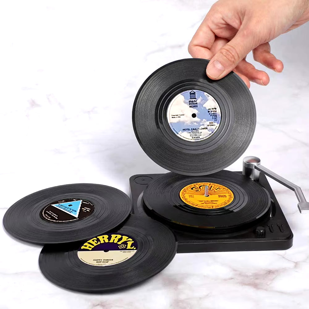 Set of 6 Vinyl Coasters for Drinks Music Coasters with Vinyl Record Player Holder Retro Record Disk Coaster Mug Pad Mat Creative