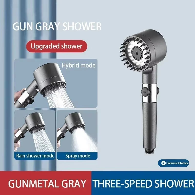 High-Pressure Shower Head 3-Mode Adjustable Spray with Massage Brush Filter Rain Faucet Bathroom Accessories