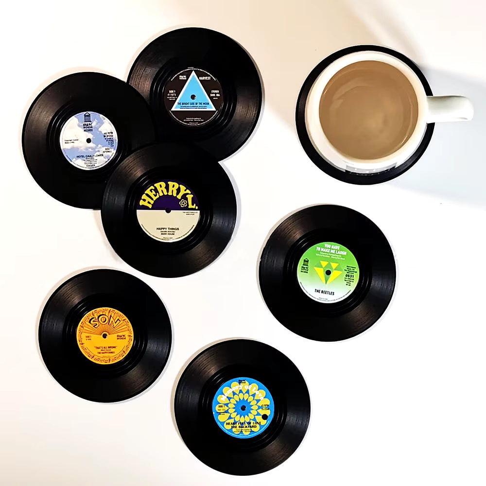 Set of 6 Vinyl Coasters for Drinks Music Coasters with Vinyl Record Player Holder Retro Record Disk Coaster Mug Pad Mat Creative