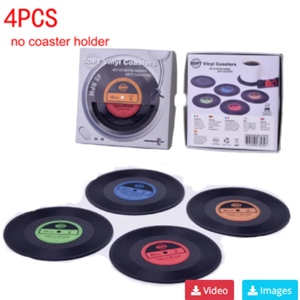 Set of 6 Vinyl Coasters for Drinks Music Coasters with Vinyl Record Player Holder Retro Record Disk Coaster Mug Pad Mat Creative